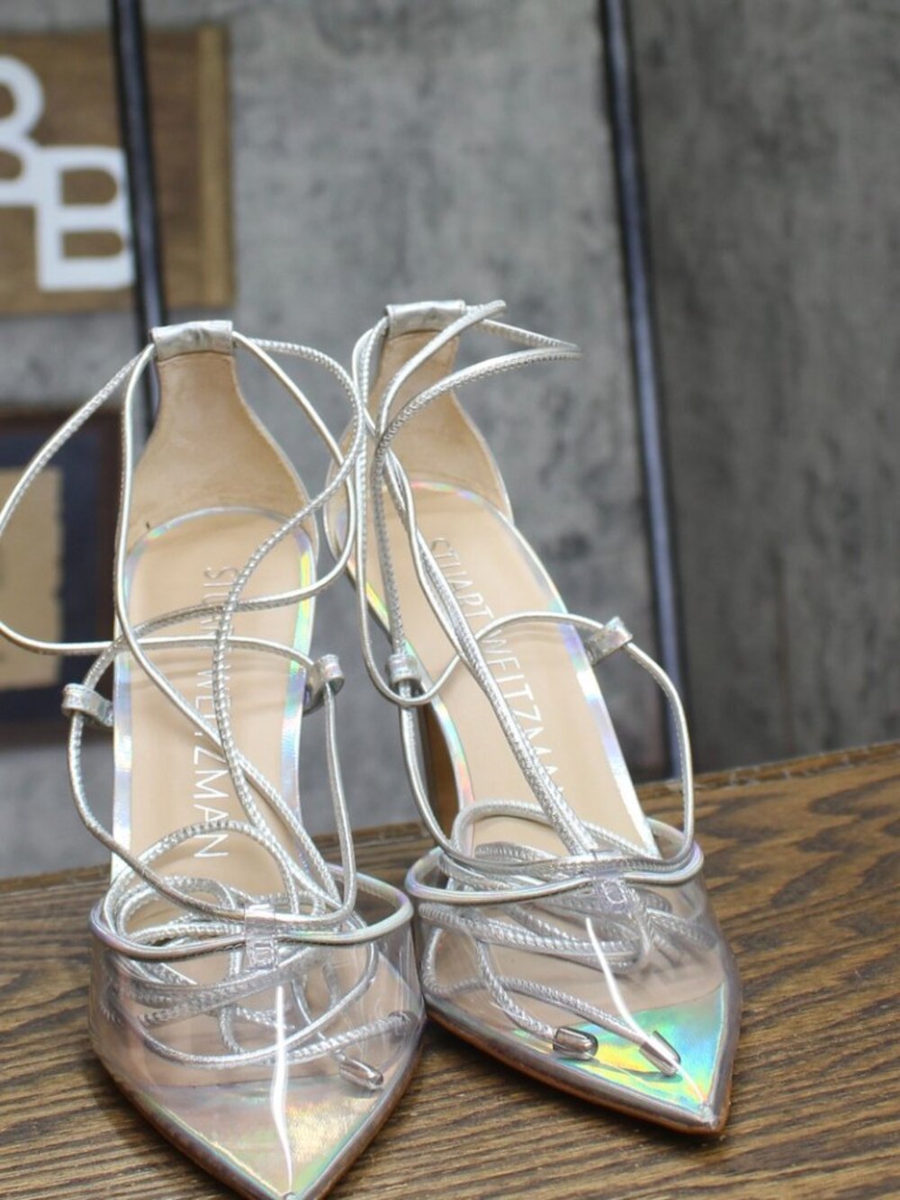 Stuart Weitzman Womens Stuart Lace-Up 100 Pump Stiletto Heels Silver Gray - Picture 3 of 8